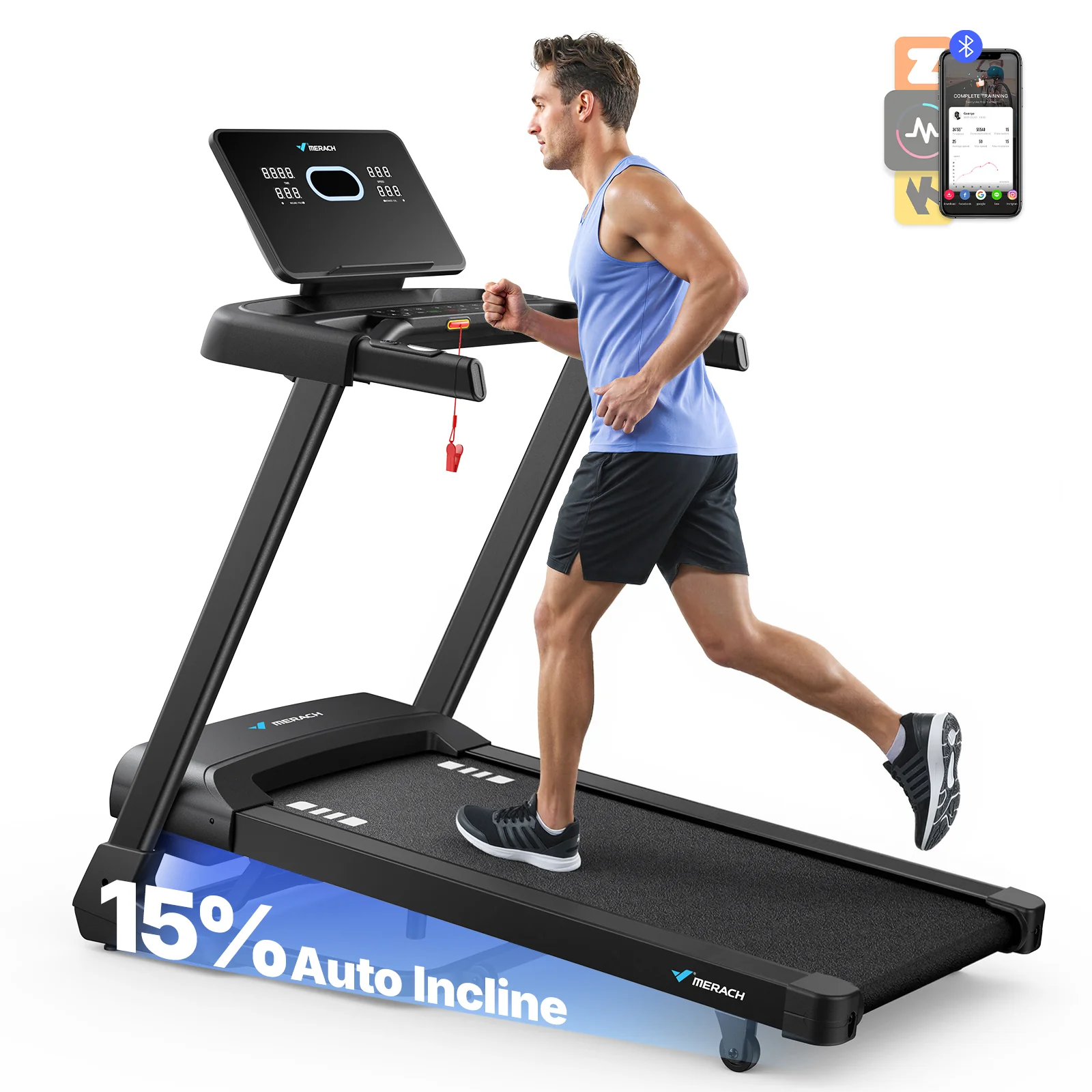 MERACH Treadmill with 15% Auto Incline, 47"x19" Wide Belt Treadmills, 0.5-10MPH 3.5HP Incline Treadmill for Home, 350LBS Foldable Treadmills with Bluetooth Speaker, Screen, APP, Heart Rate Monitor - Image 3