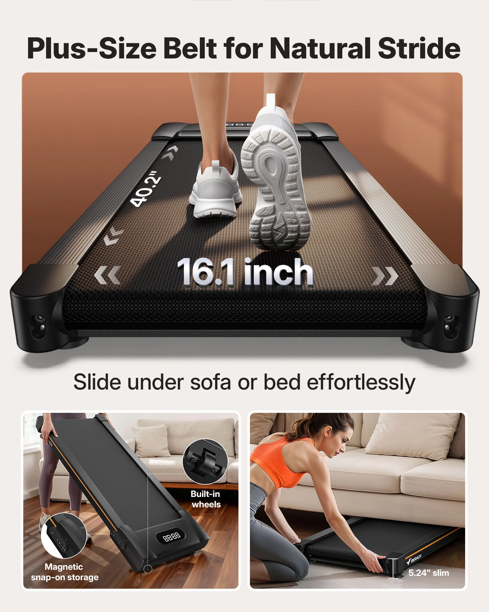 MERACH Walking Pad Treadmill with Incline 10% Auto Incline, 350LBS Capacity Treadmills for Home, Under Desk Compact Treadmill 3.0HP Strong Walkingpad with Bluetooth Speaker & Remote Control - Image 11